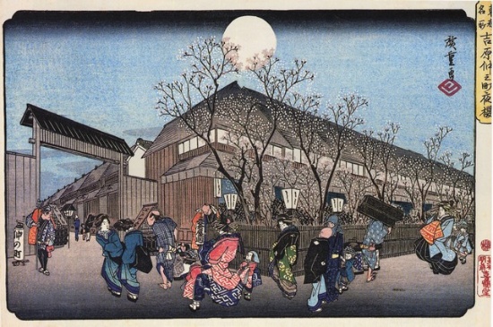 Hiroshige People Walking under Cherry Trees at Night