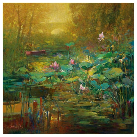 Ming Feng, "Golden Lily Pads" Hand Embellished Limited Edition on Canvas, Number