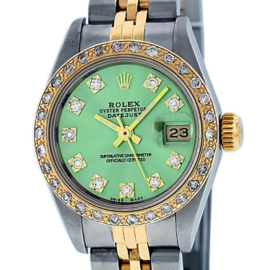 Rolex Ladies 2 Tone Green VS Diamond Oyster Perpetual Datejust Wristwatch