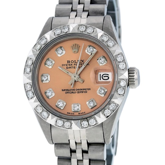 Rolex Ladies 26 Stainless Steel Salmon Pyramid Diamond Oyster Perpetual Datejust