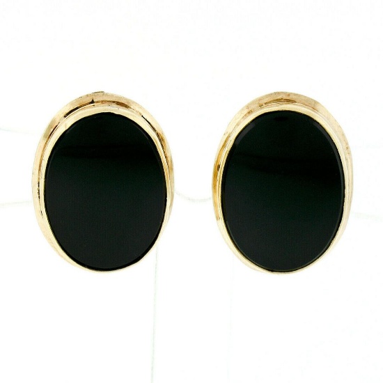 Vintage 14kt Yellow Gold Bezel Set Oval Black Onyx Button Screw-On Earrings