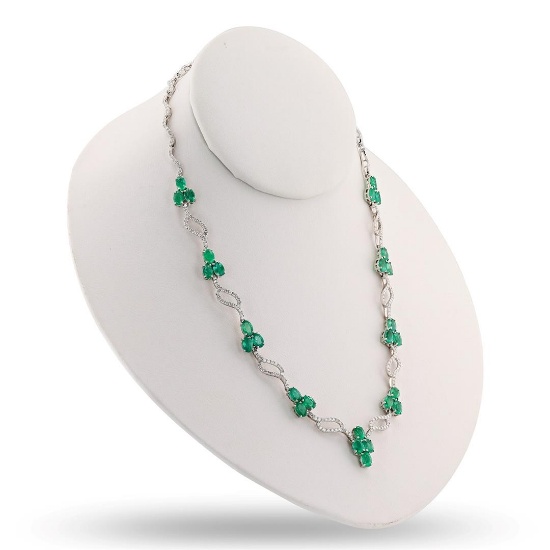11.92 ctw Emerald and 3.64 ctw Diamond 18K White Gold Necklace