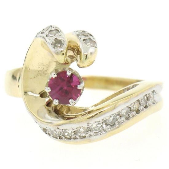 14k Yellow Gold .30 ctw Round Blood Red Ruby Claw Cocktail Ring w/ Diamond Accen