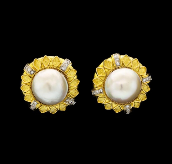 0.58 ctw Diamond and Pearl Earrings - 18KT Yellow Gold