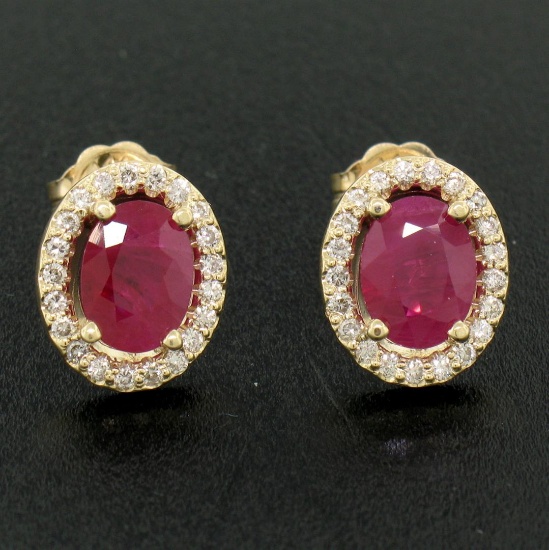 14k Yellow Gold 2.47 ctw Oval Blood Ruby Solitaire Earrings Pave Diamond Halos