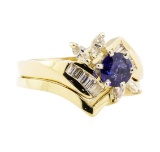1.24 ctw Blue Sapphire And Diamond Ring And Band - 14KT Yellow Gold
