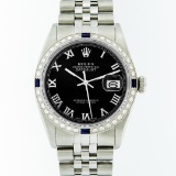 Rolex Mens Stainless Steel Black Roman Diamond & Sapphire Datejust Wristwatch