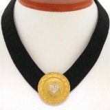 Stylish JAHAN 18K Gold Black Leather .50 ctw Diamond Heart Round Shield Necklace