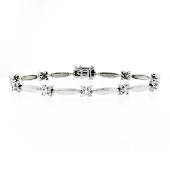 18K White Gold 7" 1.50 ctw Floral Diamond Cluster & Marquise Bar Link Bracelet