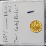1854 $1 Gold Dollar Coin T-1 AU