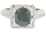 14k White Gold 2.10 ctw Cushion Black & Pavï¿½ Round White Diamond Solitaire Eng