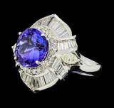 9.95 ctw Round Brilliant Tanzanite And Marquise Shaped Cut Diamond Ring - 18KT W