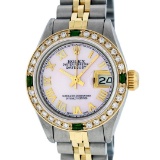Rolex Ladies 2 Tone Pink Mother Of Pearl Roman & Emerald Datejust Wristwatch