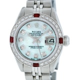 Rolex Ladies Stainless Steel Blue MOP Diamond & Ruby 26MM Datejust Wristwatch