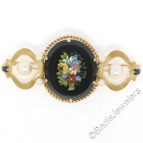 Vintage 14kt Yellow Gold Black Onyx Floral Mosaic Sapphire and Pearl Brooch Pin