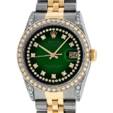 Rolex Mens 36 Green Vignette Diamond Lugs Datejust Wristwatch Oyster Perpetual