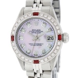 Rolex Ladies Stainless Steel Pink MOP Diamond & Ruby Oyster Perpetual Datejust W