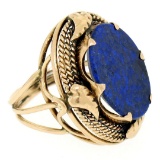 Antique 14kt Rose Gold Oval Lapis Ring w/ Twisted Wire and Leaf Halo