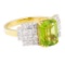 3.49 ctw Emerald Cut Step Peridot And Round Brilliant Cut Diamond Ring - 18KT Ye