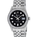 Rolex Mens Stainless Steel Black Diamond 36MM Datejust Wristwatch Oyster Perpetu