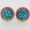 Vintage 14K Yellow Gold 3.56 ctw Turquoise Diamond & Ruby Cluster Button Earring