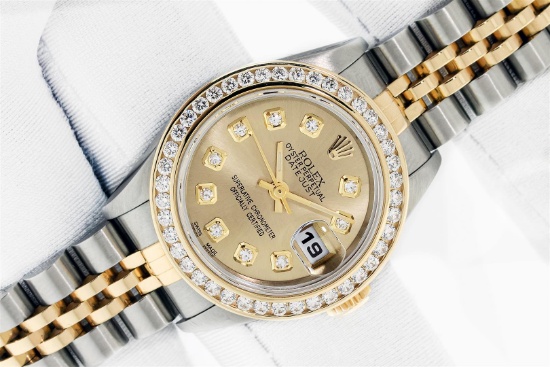 Rolex Ladies 2 Tone 18K Champagne Diamond Datejust Wristwatch With Rolex Box