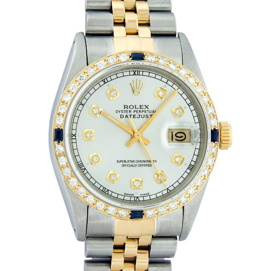 Rolex Mens 2 Tone Silver & Sapphire Diamond 36MM Datejust Oyster Perpetual Wrist