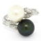 Solid Platinum Tahitian Black White Pearl Marquise Diamond Bypass Cocktail Ring