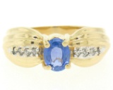 Ribbed 14k Yellow Gold 1.10 ctw Oval Tanzanite Solitaire & Round Diamond Ring