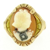 Antique 10kt Rose and Green Gold Carved Cameo and Diamond Ring