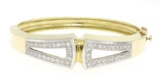 Estate 14K Solid Two Tone Gold Hinged Open Bangle Bracelet with Pave Diamonds