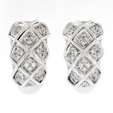 18K White Gold 1.09 ctw Round Brilliant Pave Diamond Braided Cuff Omega Earrings
