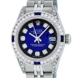 Rolex Ladies Stainless Steel Blue Vignette Diamond Lugs & Sapphire Datejust Wris