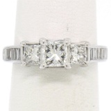 14k White Gold 1.45 ctw 3 Princess Diamond Engagement Ring w/ Baguette Accents