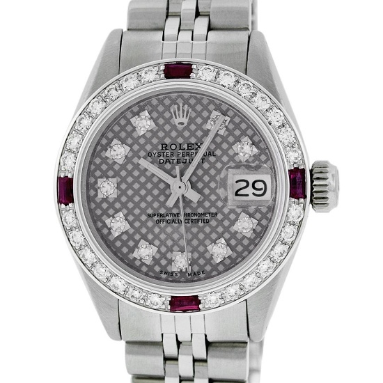 Rolex Ladies Stainless Steel Slate Grey Stamp Diamond & Ruby Datejust Wristwatch