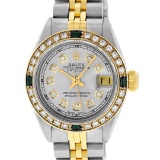 Rolex Ladies 2 Tone Grey Diamond & Emerald 26MM Datejust Wristwatch