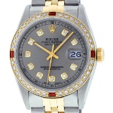 Rolex Mens 2 Tone Slate Grey Diamond & Ruby Datejust Wristwatch 36MM