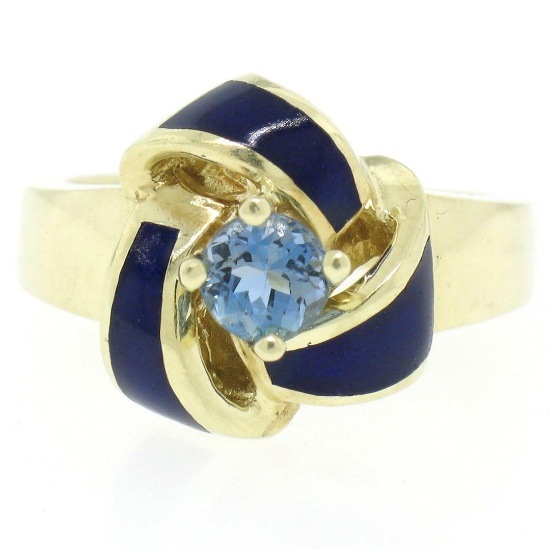 Vintage 14K Yellow Gold FINE Aquamarine & Blue Enamel Trinity Knot Cocktail Ring