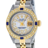 Rolex Ladies 2 Tone Mother Of Pearl String Diamond Lugs & Sapphire Datejust Wris