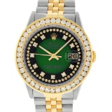 Rolex Mens 2 Tone Green Vignette String VS 3 ctw Channel Set Diamond Datejust Wr