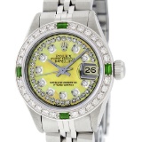 Rolex Ladies Stainless Steel Yellow MOP Emerald & Diamond Datejust Wristwatch