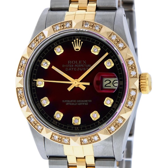 Rolex Mens 2 Tone Red Vignette Pyramid Diamond 36MM Oyster Perpetual Datejust