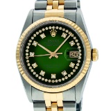 Rolex Mens 2 Tone Green Vignette String VS Diamond 36MM Datejust Wristwatch