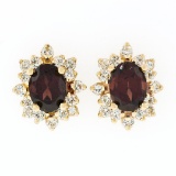 14k Yellow Gold 3.80 ctw Oval Garnet & Layered Round Diamond Halo Stud Earrings