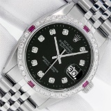 Rolex Mens Stainless Steel Black Diamond & Ruby 36MM Datejust Wristwatch Oyster