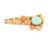 17.82 ctw Turquoise and Pink Coral Bangle Bracelet - 18KT Yellow Gold