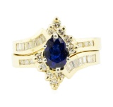 1.53 ctw Oval Brilliant Blue Sapphire And Diamond Ring & Wedding Band - 14KT Yel