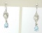 18K Solid White Gold Dangle Drop Earrings w/ an Oval Diamond & Pear Aquamarine