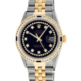 Rolex Mens 2 Tone Black String Diamond & Sapphire Diamond Datejust Wristwatch