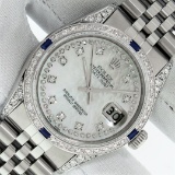 Rolex Mens Stainless Steel Diamond Lugs MOP Diamond & Sapphire Datejust Wristwat